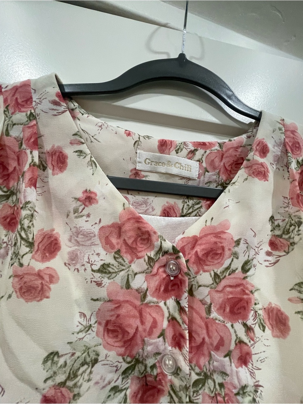Floral Midi Dress in Ivory with Pink Roses - Picture 2 of 4